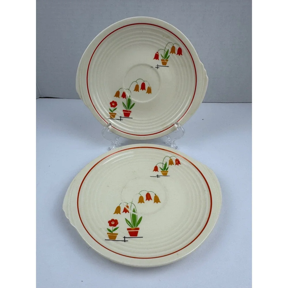 Vintage Edwin M Knowles Yorktown Potted Flower Saucers Set of 2 Orange Yellow